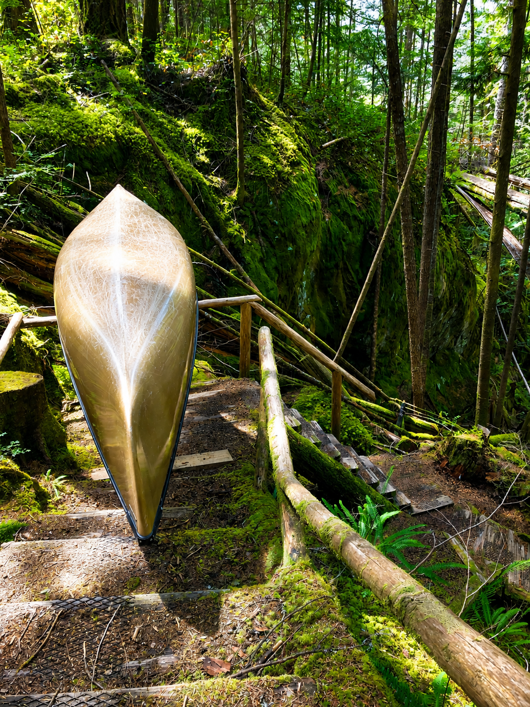 Portaging a canoe up forested stairs in qathet.