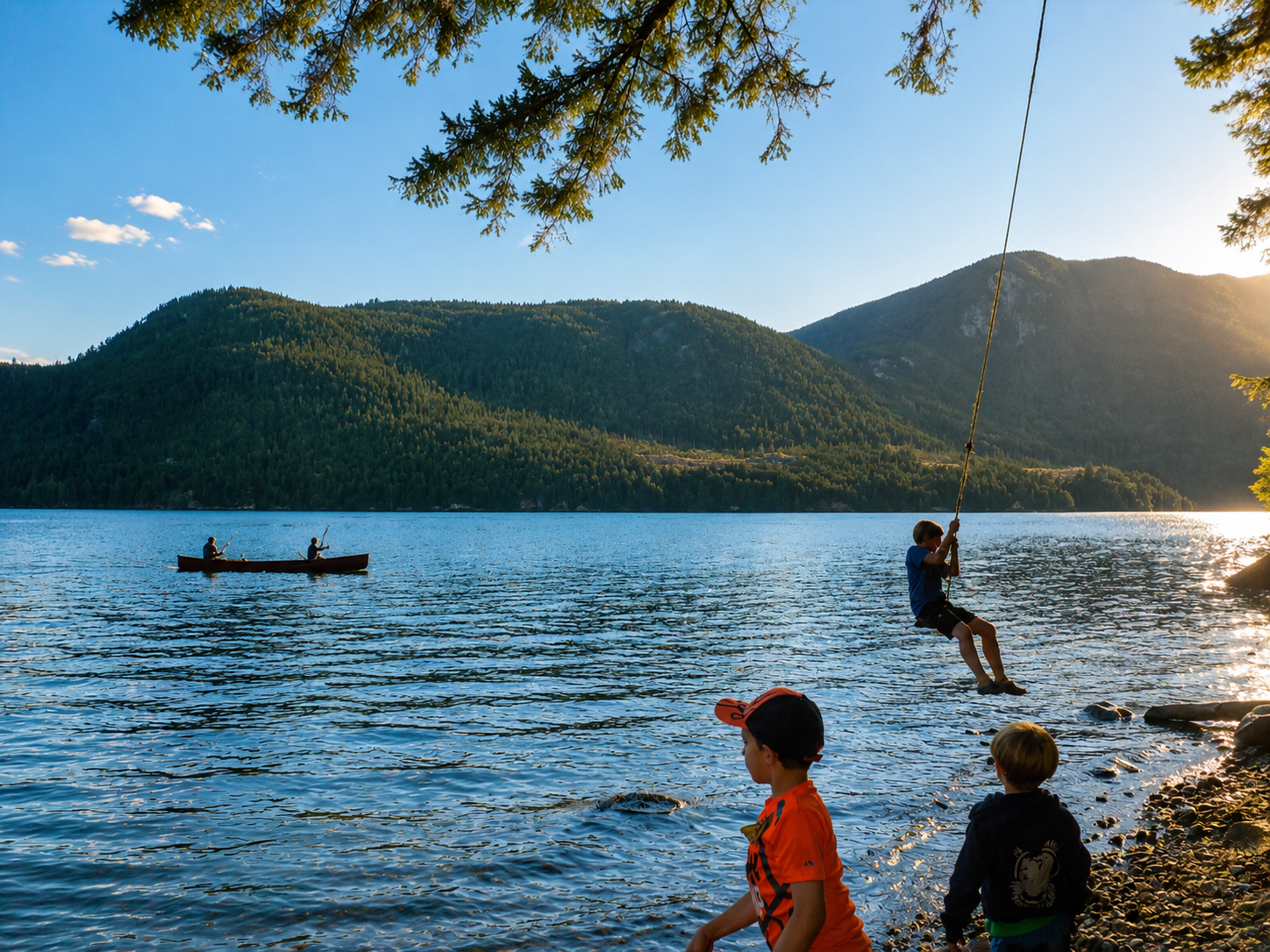 Sunset lake fishing from a canoe with kids playing along the shore