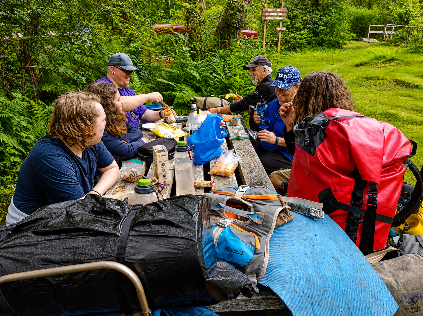 A family eating lunch on portage trail at a picnic table