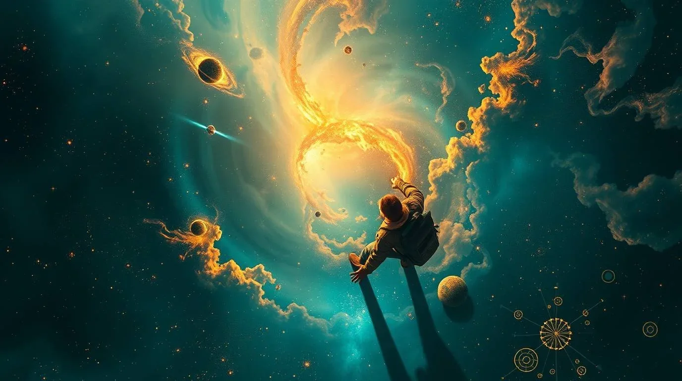 A person in outer space reaching towards a bright, swirling cosmic explosion with planets, black holes, and nebulae around.