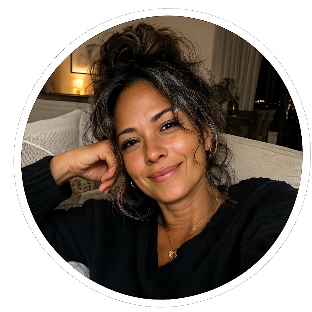 A woman with curly dark hair is sitting on a couch, smiling at the camera with her hand resting on her head. She is wearing a black top and a gold necklace.