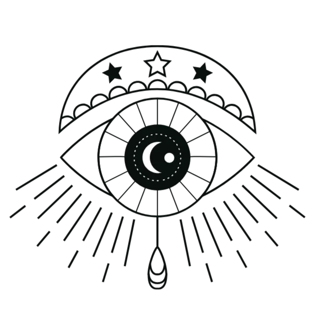 A dark, mystical eye illustration with celestial symbols, a moon and star at the center, surrounded by intricate geometric patterns and faint constellations.