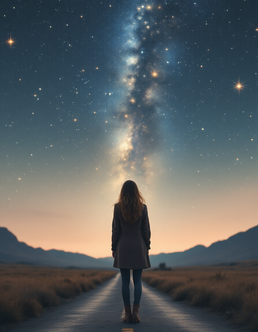 A woman walking on a dirt path in a rural landscape at dusk, looking up at the starry night sky and the Milky Way galaxy.