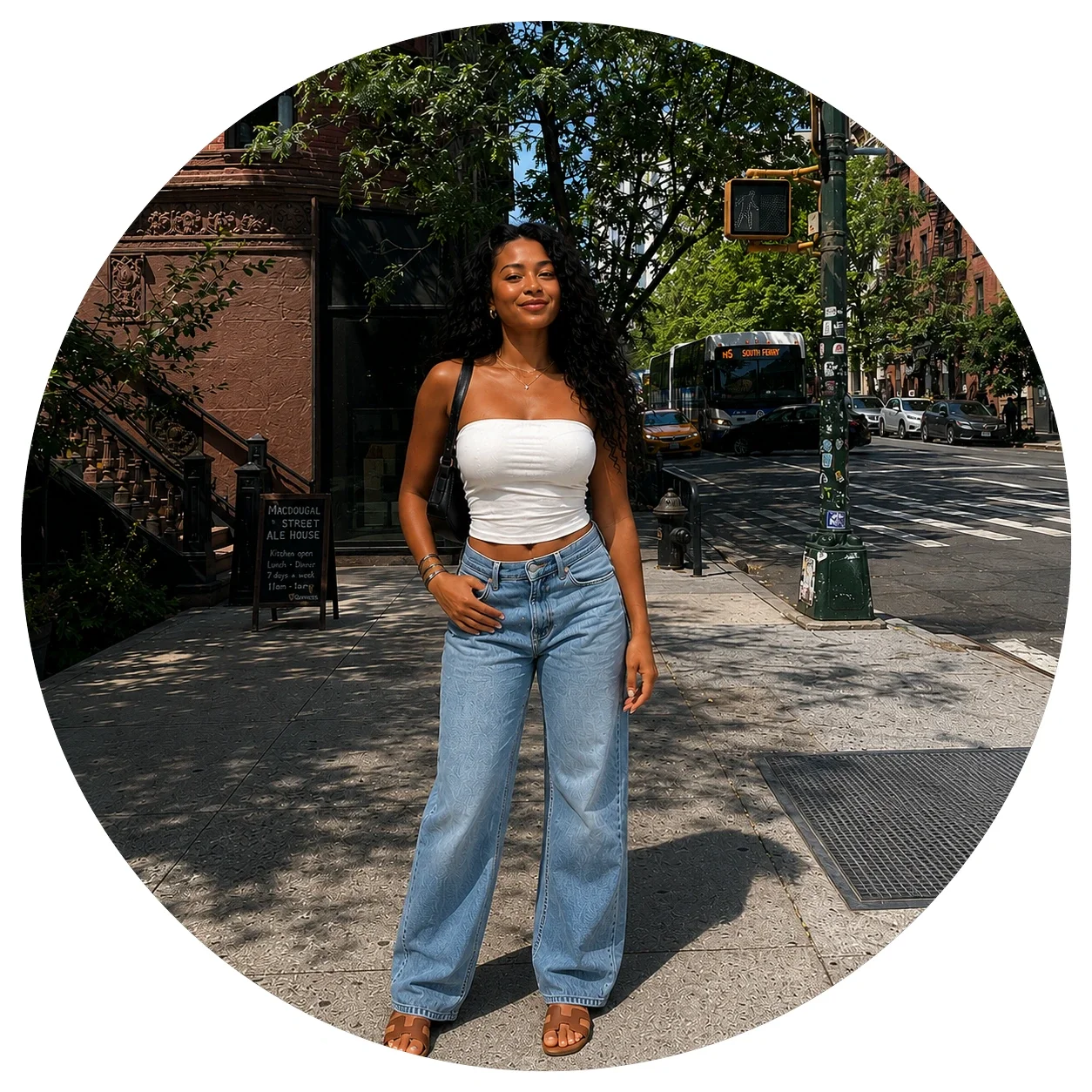 A young woman standing on a city sidewalk during daytime, wearing a white crop top, light blue wide-leg jeans, and tan sandals. She has curly black hair, is smiling, and has a black shoulder bag. There are trees, a street with cars, a bus, and a crosswalk in the background.