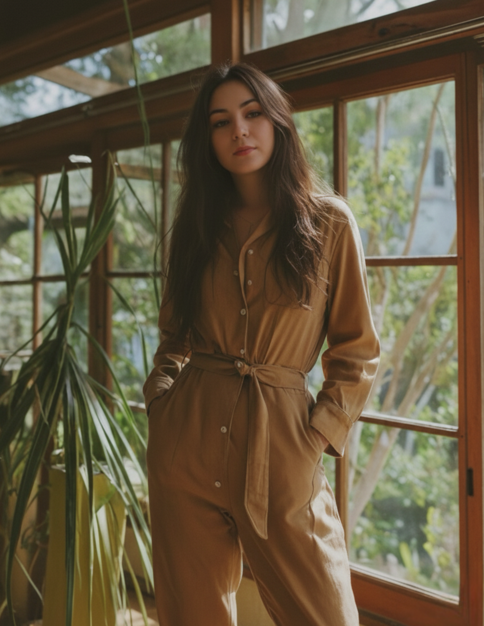 A young woman with long brown hair wearing a tan jumpsuit standing indoors near a window with green plants outside.