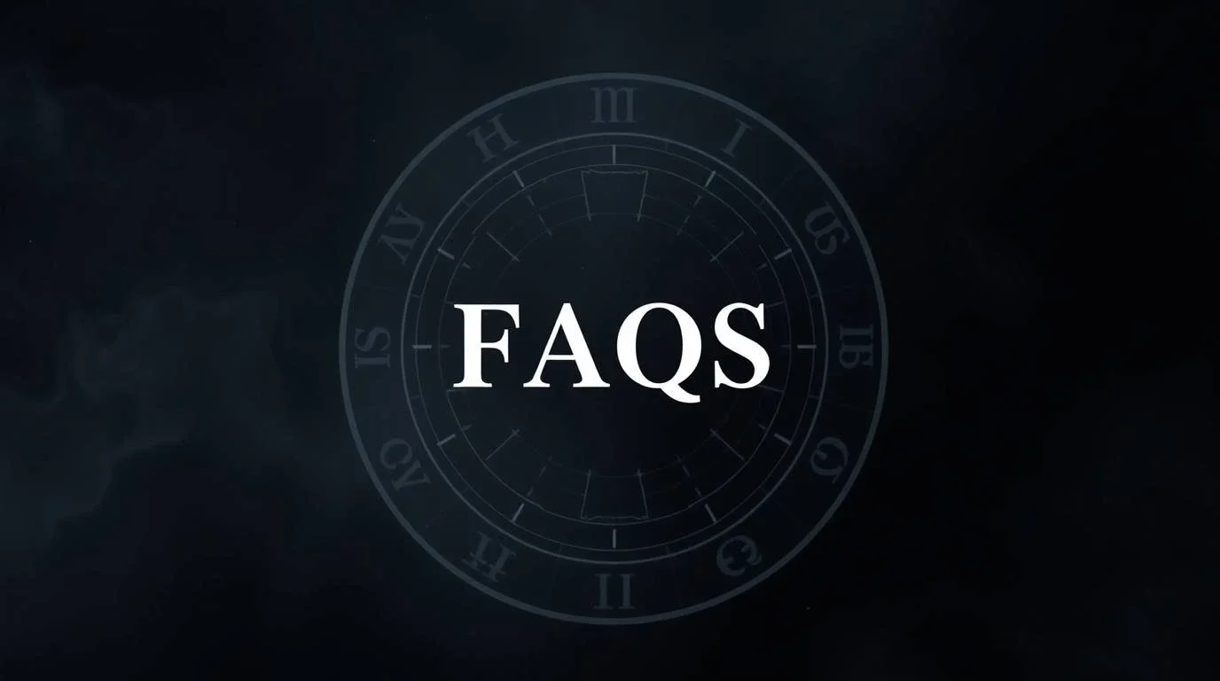 A dark background with a circular zodiac sign and the text 'FAQs' in the center.
