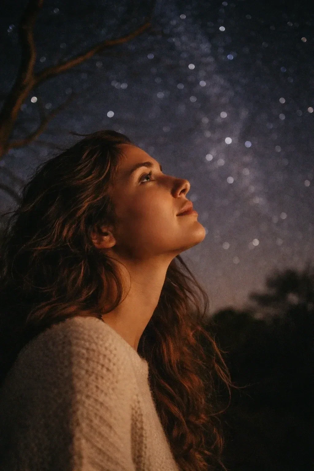 A woman with wavy brown hair looking up at a starry night sky.