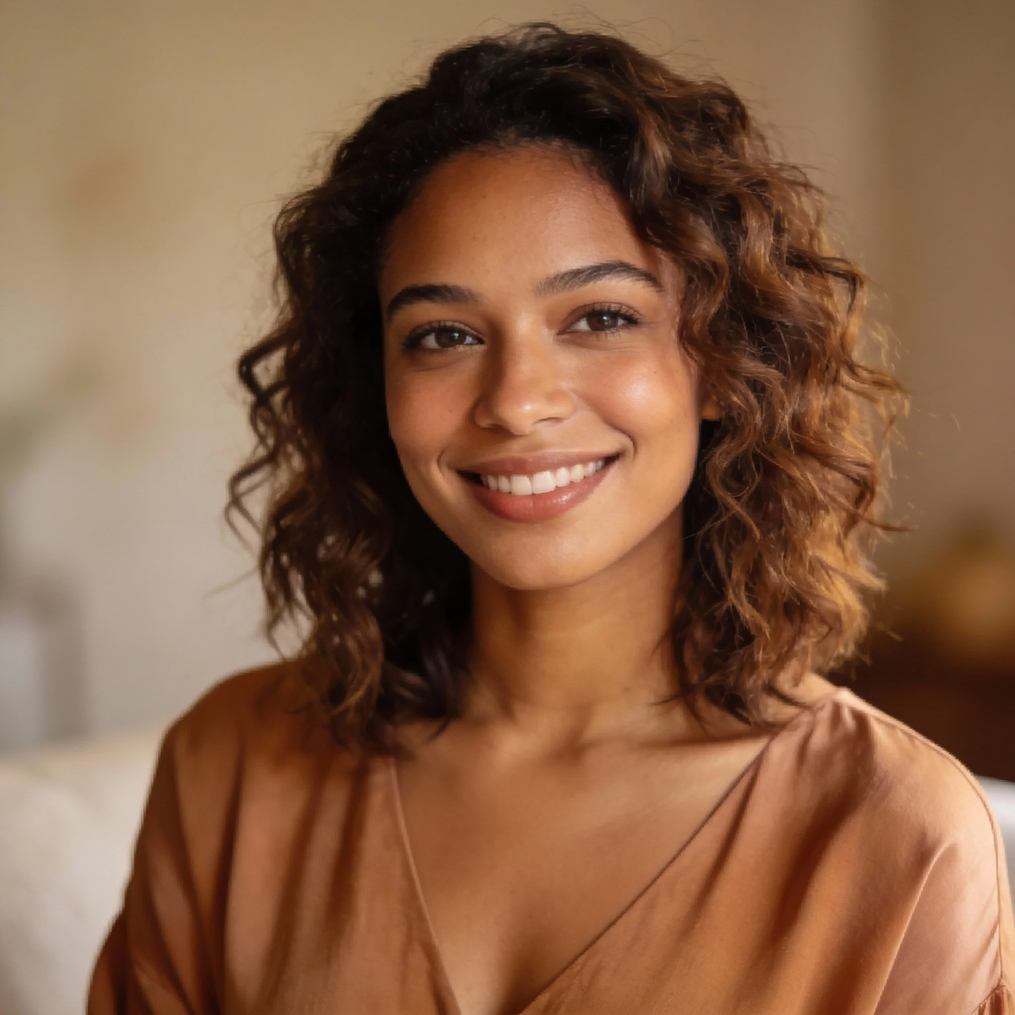 A young woman with curly hair smiling outdoors in a natural setting.