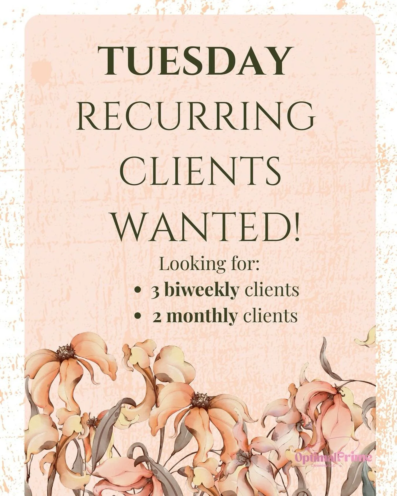Hey y'all! I'm currently looking to fill my Tuesday schedules with 3 biweekly and 2 monthly recurring clients for maintenance cleaning! 
By becoming a recurring client of Optimal Prime Cleaning, you'll not only receive a discount for your services, y