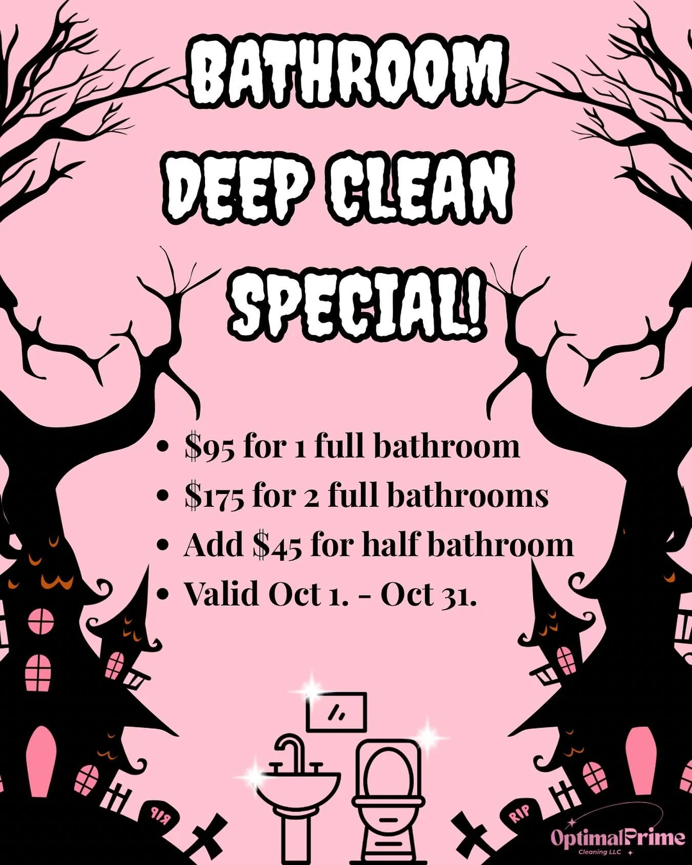 🚨 NEW CLEANING SPECIAL ALERT!🚨 

Thinking about entertaining this Spooky Season? Don't let your bathrooms look scarier than your Halloween costumes! 

Beginning 10/1, OPC is offering a Bathroom Deep Clean Special for the month of October! 
⚫️$95 fo