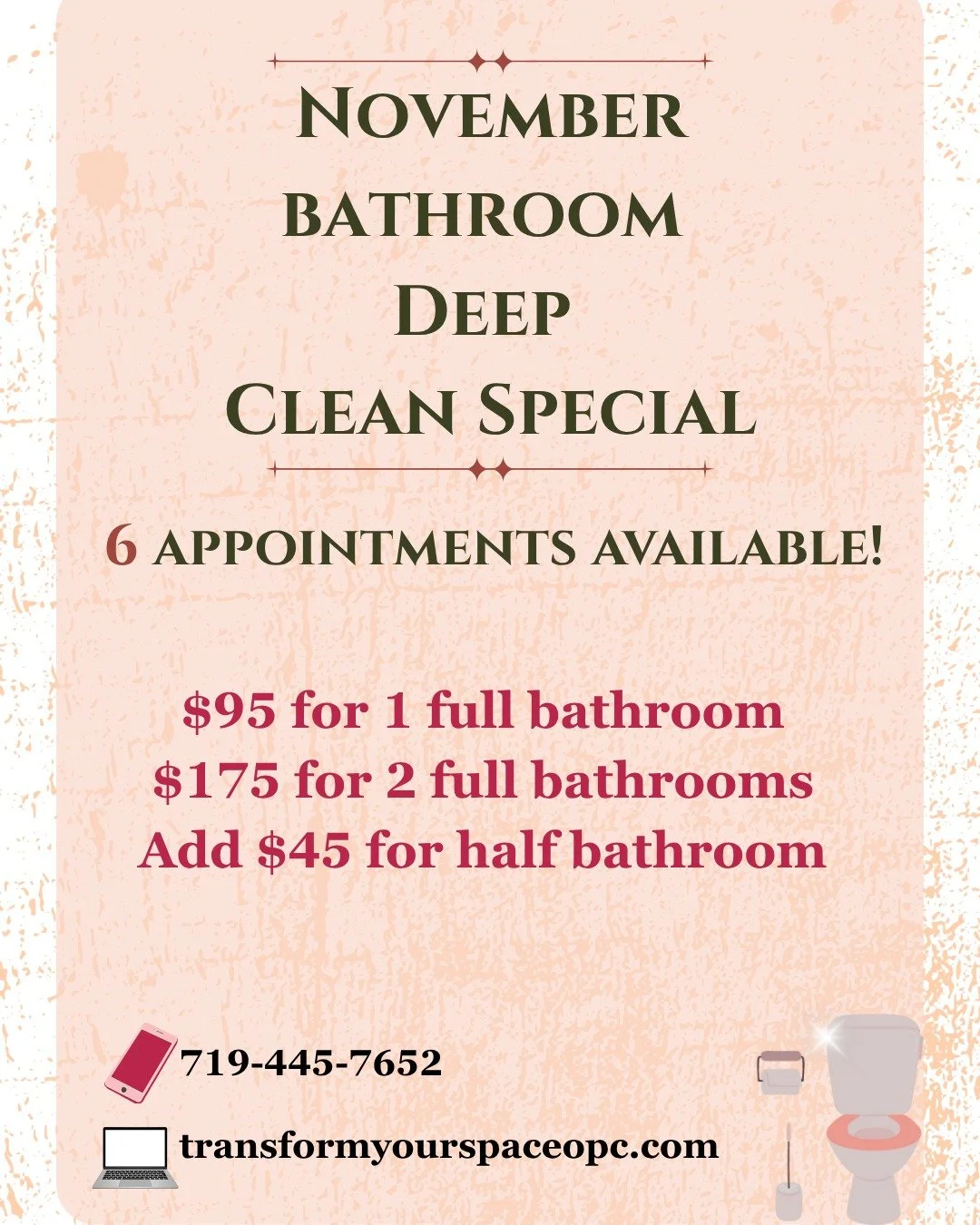 Hey y'all! I still have six available slots in November for the Bathroom Deep Cleaning Special! 🤩

NOW is the perfect time to get those bathrooms looking and feeling right for you and your incoming guests for the holidays!
To request a quote:

📱719