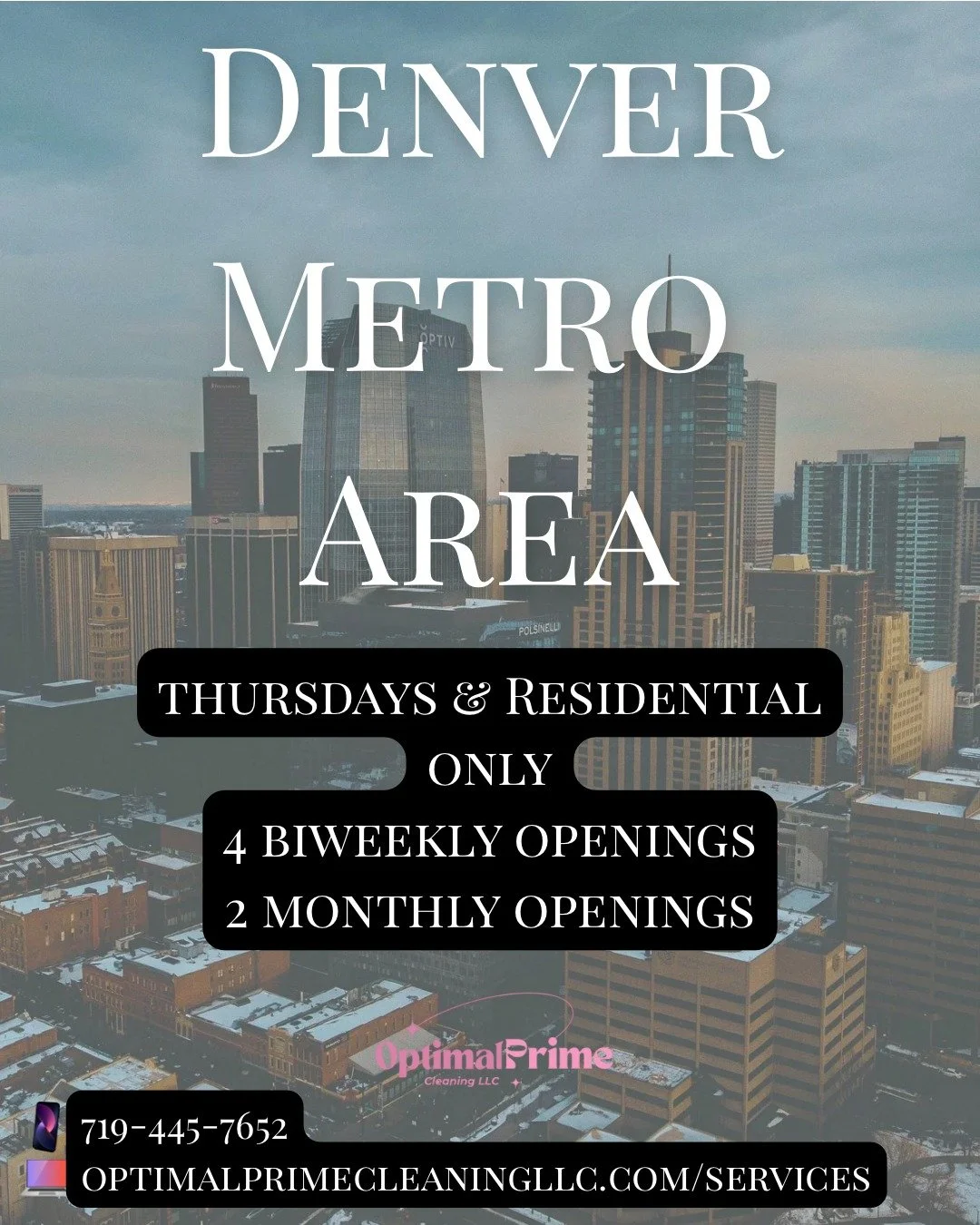 Hey y'all! Optimal Prime Cleaning LLC is OFFICIALLY offering all cleaning services in the Mile High City!🏙

For recurring house cleaning services, I have 4 biweekly and 2 monthly openings for Thursdays only specifically for Denver area clients looki