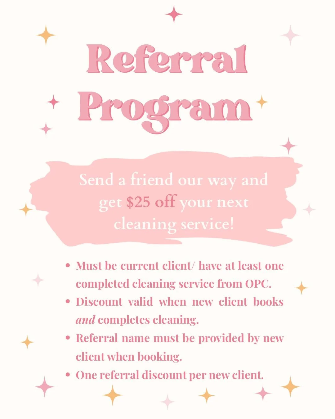Introducing our new Referral Program! ✨🫧 
Get $25 off your next cleaning service when you refer Optimal Prime Cleaning LLC to a friend or family member! 

Terms &amp; Conditions do apply: 
-You must be a current client or have had at least one compl