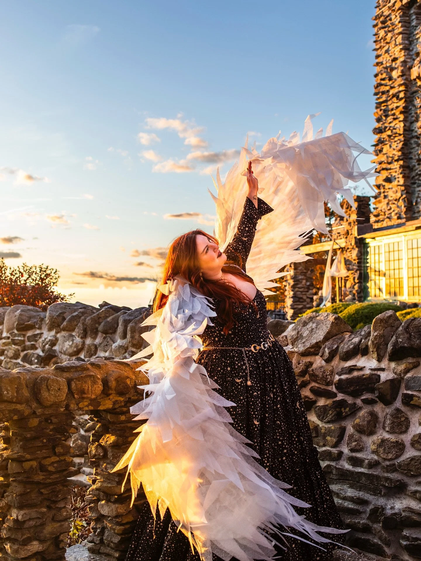 How was this the first time we photographed the wings in sunset!? I made these wings earlier this year (foam triangles and hot glue!), so I could dress as a Welken, one of the feather-winged fae indigenous to the afterlife in my book. But I&rsquo;d n