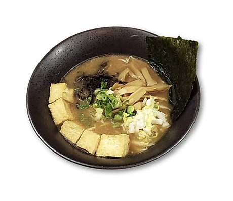 Bowl of ramen with broth, tofu cubes, green onions, seaweed, bamboo shoots, and mushrooms.