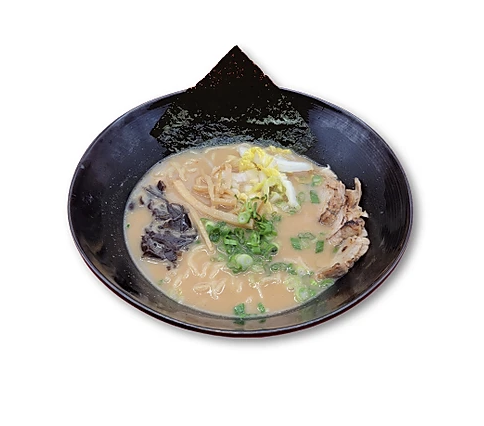 Bowl of ramen with broth, sliced pork, scallions, nori, mushroom, and bean sprouts.