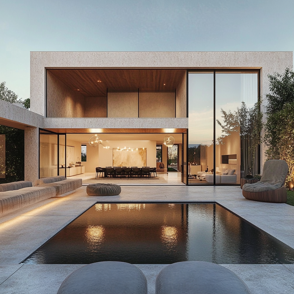 Modern house with large glass windows, outdoor seating, and a small pool in the backyard at dusk.