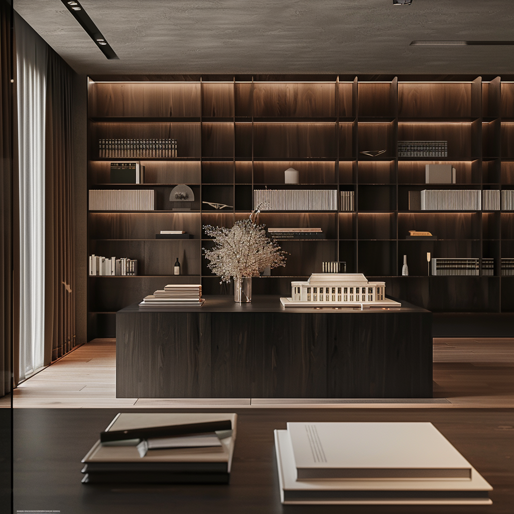 Modern room with dark wooden bookshelf, a center table with architectural models, a vase of white flowers, and stacks of books and documents.