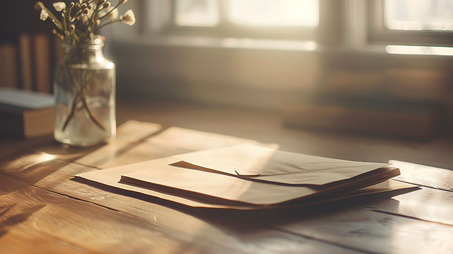 A wooden desk with scattered papers in front of a window, sunlight streaming in, and a glass jar with flowers on the left side.