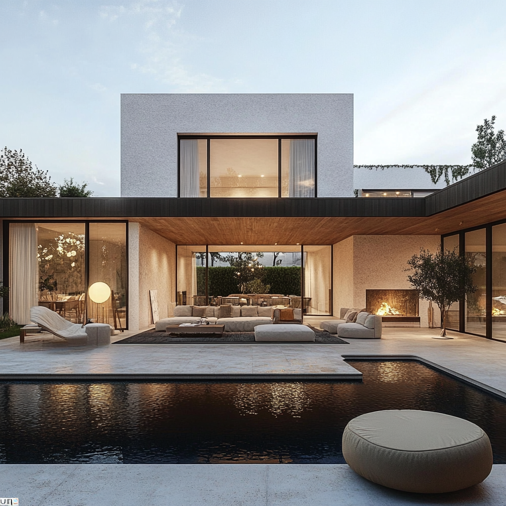 Modern two-story house with large glass windows, outdoor patio furniture, a swimming pool, and a fire feature in a stylish backyard at dusk.
