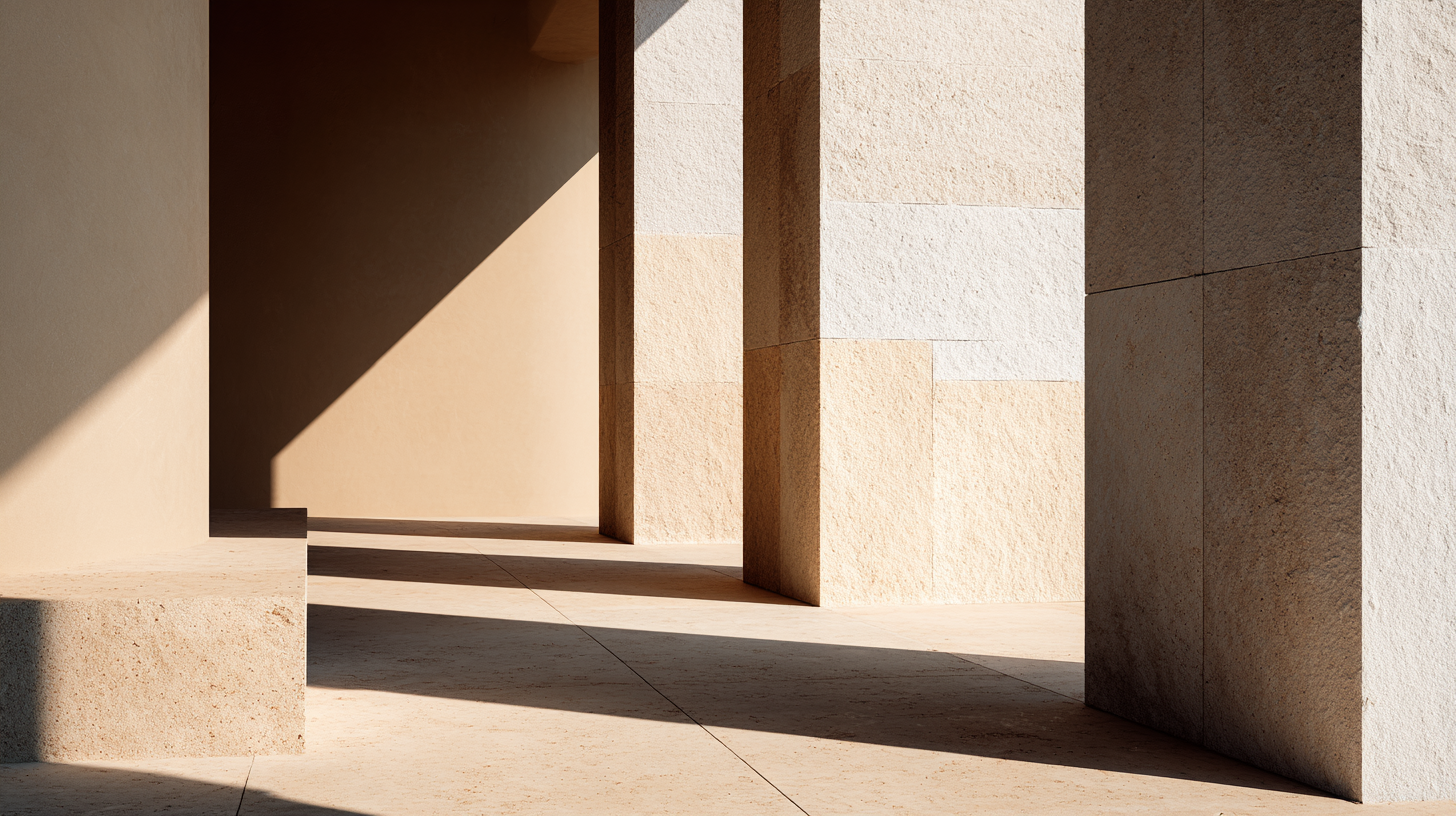Concrete architectural columns with shadows cast by sunlight
