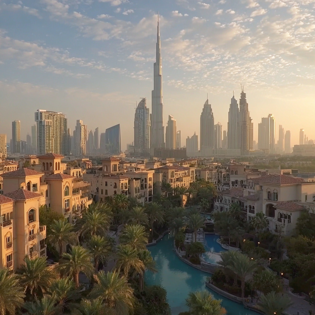 Dubai skyline with the Burj Khalifa in the center at sunset, surrounding high-rise buildings, and a residential area with a swimming pool and palm trees in the foreground.