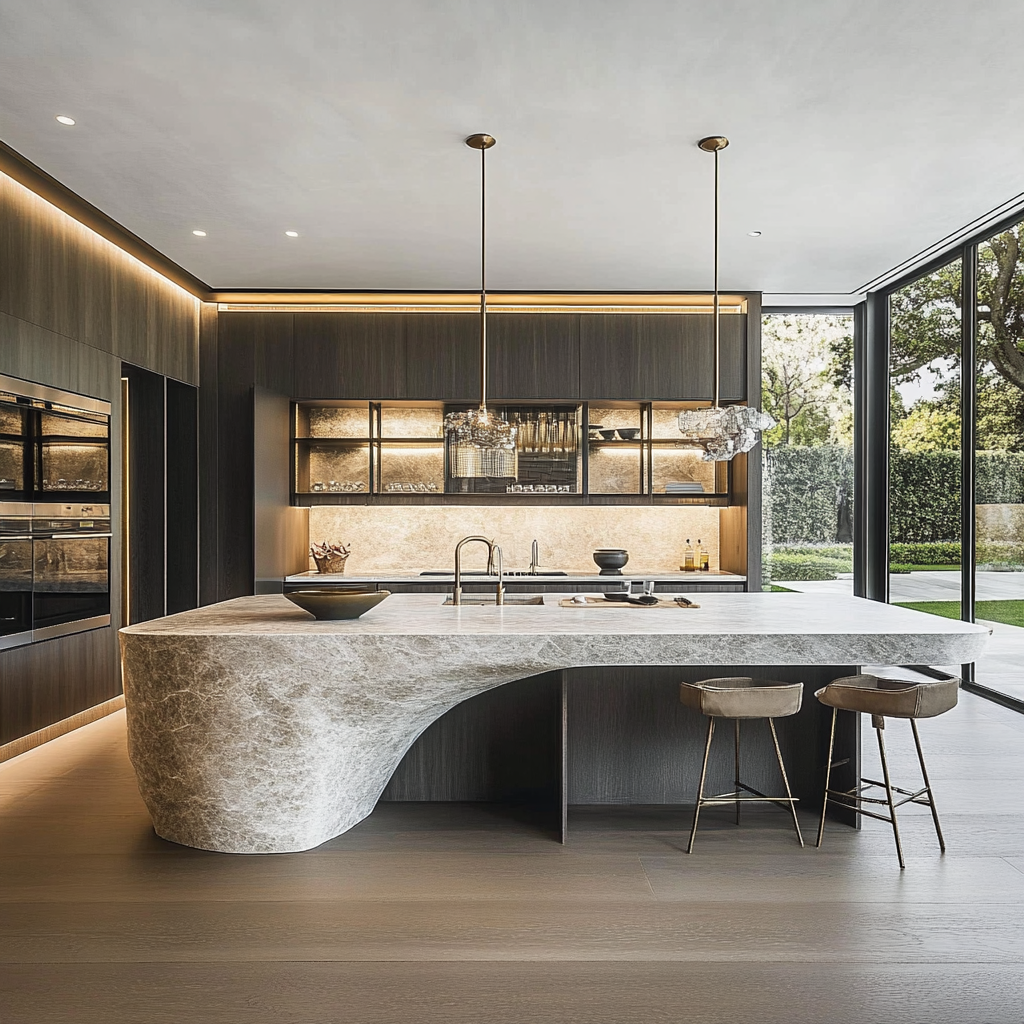 Modern kitchen with large marble island, dark wood cabinets, open shelving, pendant lights, and large glass windows showing an outdoor view of trees.