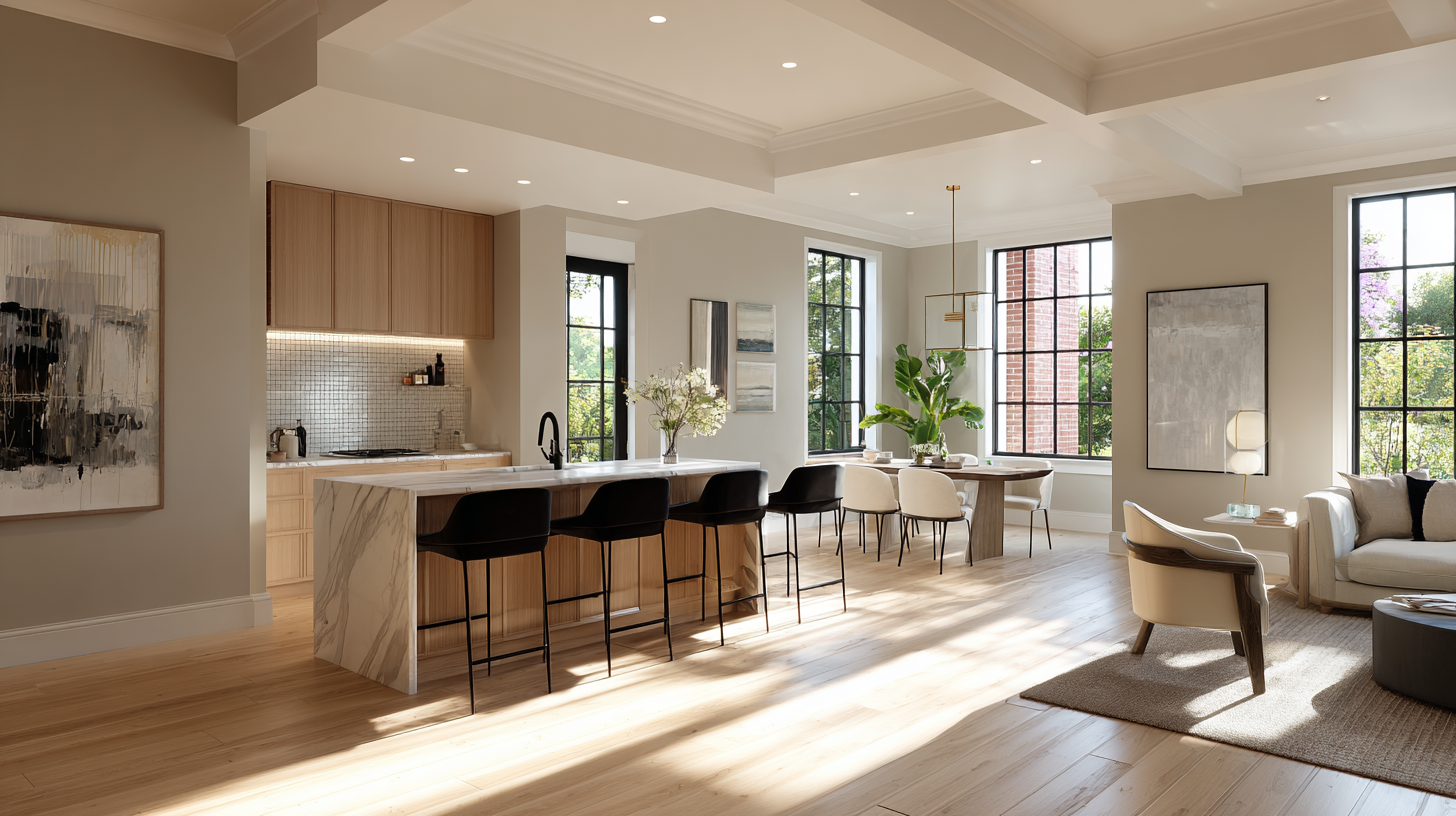 Bright open-concept living space with kitchen and dining area, featuring large windows, light wood floors, modern furnishings, and minimalistic decor.