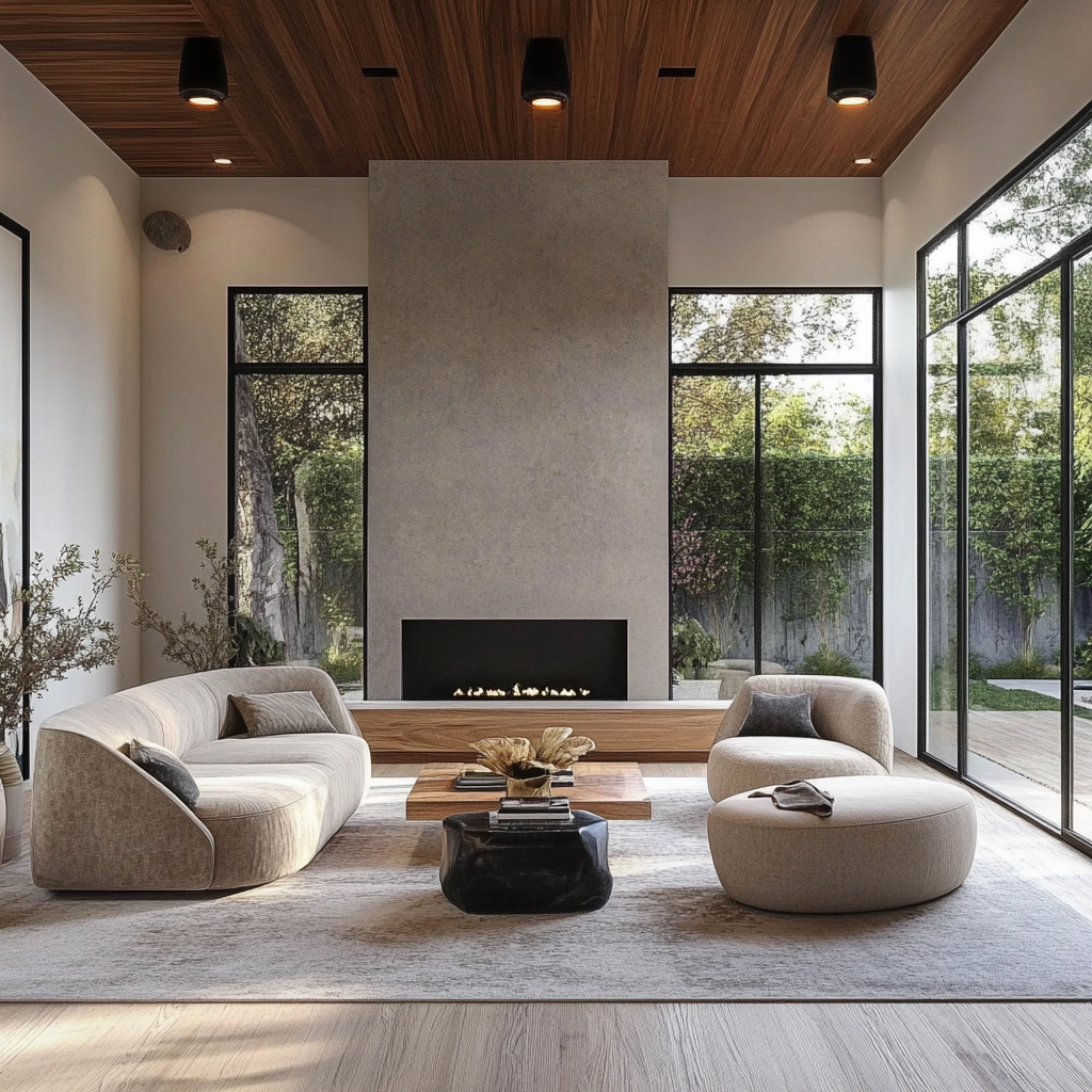 Modern living room with beige couches, a wooden table, a fireplace, and large glass windows showing an outdoor garden.