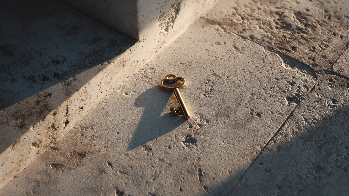 A vintage brass key resting on a textured stone pavement, with sunlight casting shadows.