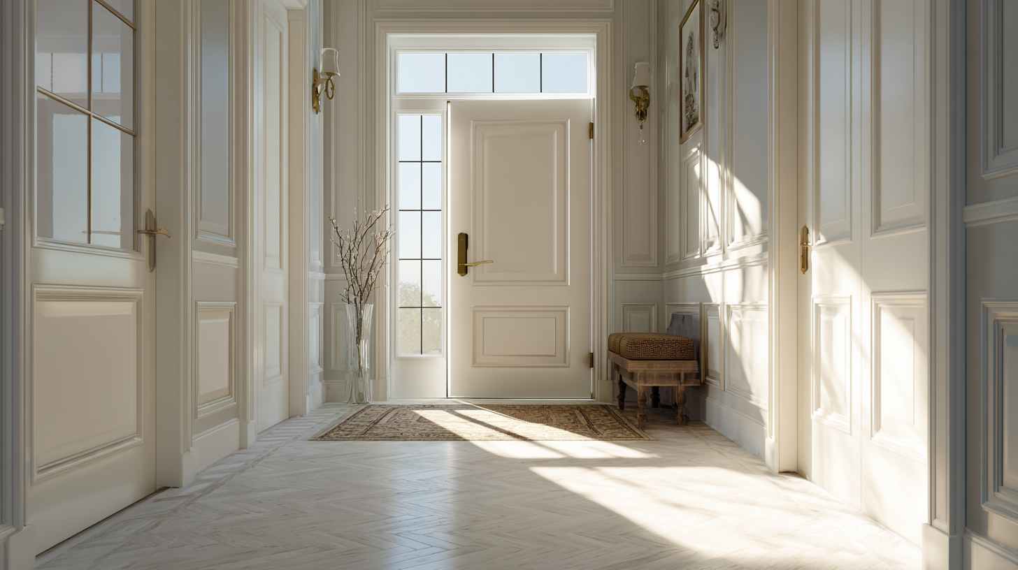 Bright entryway with white paneled walls, hardwood floor, a bench, a tall vase with branches, and a door with glass panels allowing sunlight to cast shadows.