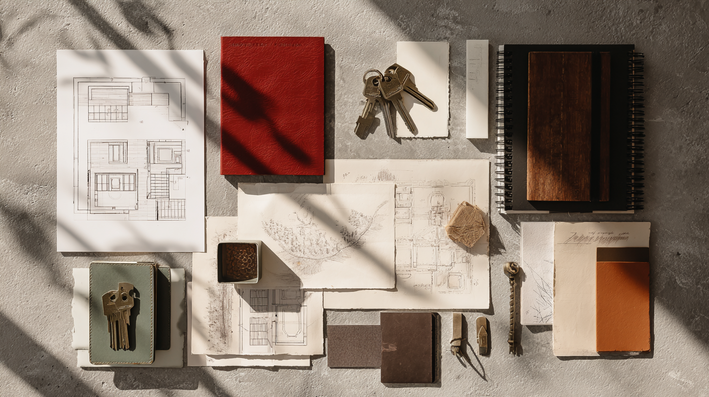 Architectural plans, sketches, notebooks, keys, and tools spread on a table, illuminated by sunlight.