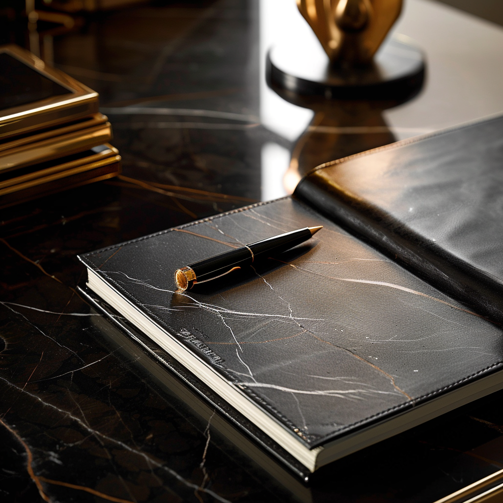 A black marble desk with a black marble-covered notebook, gold and black pen placed on top, a black leather folder nearby, and stacked gold notebooks in the background.