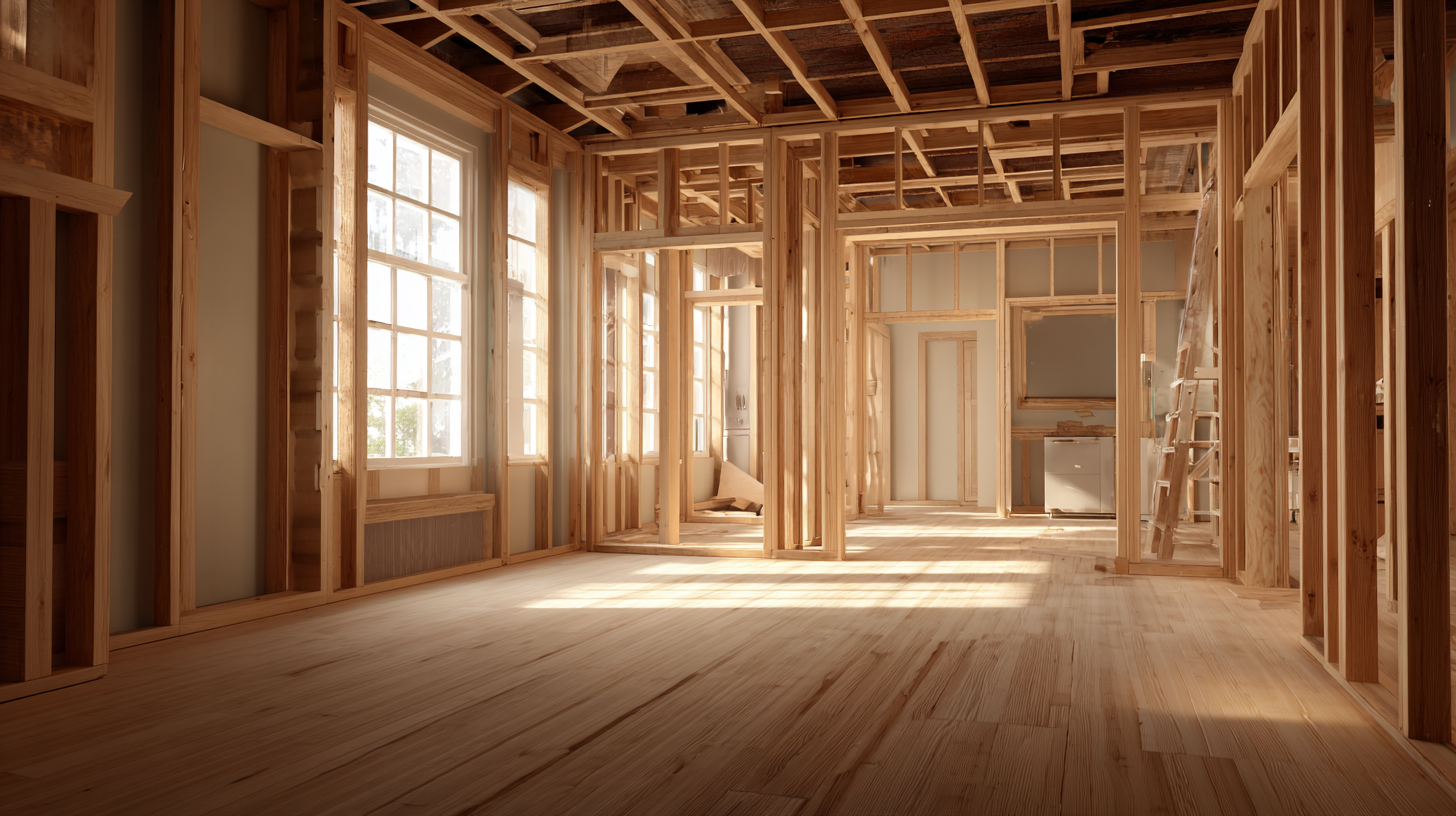 Interior of a house under construction with wooden framing, windows, and sunlight streaming in.