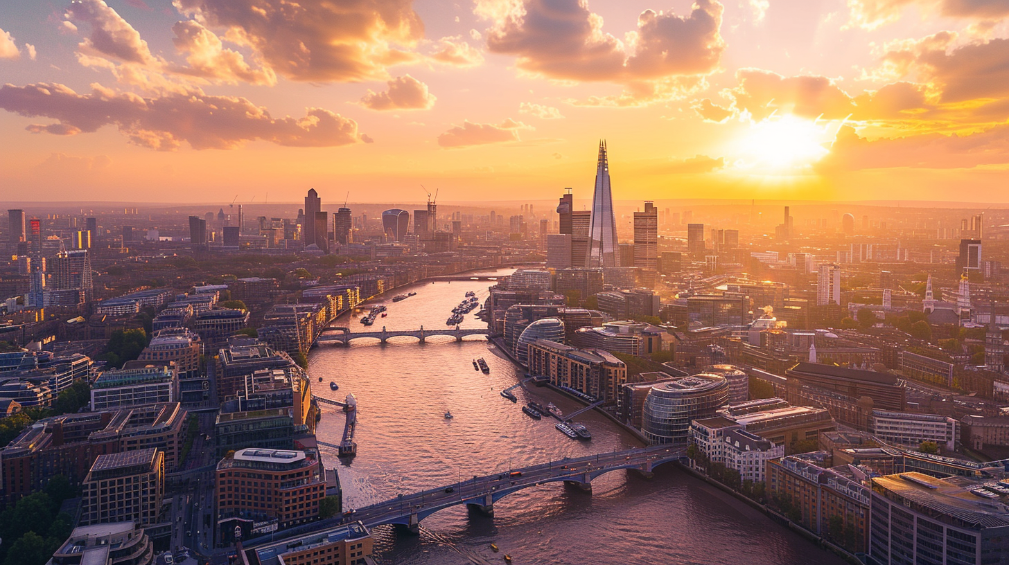 Aerial view of London skyline at sunset with the River Thames, iconic buildings like The Shard and Tower of London, and a vibrant sky with clouds and sunlight.