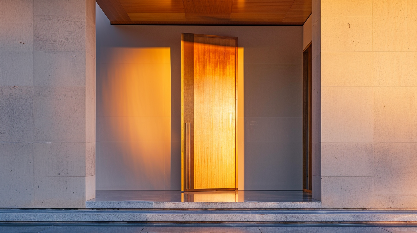 A modern building entrance featuring a wooden door illuminated by warm light, with stone walls and a stone step in front under ambient lighting.