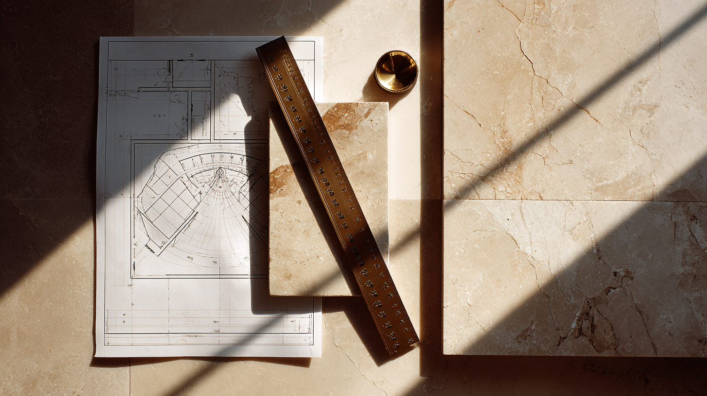 Architectural blueprint, a ruler, and a small container on a tiled surface with sunlight and shadows.