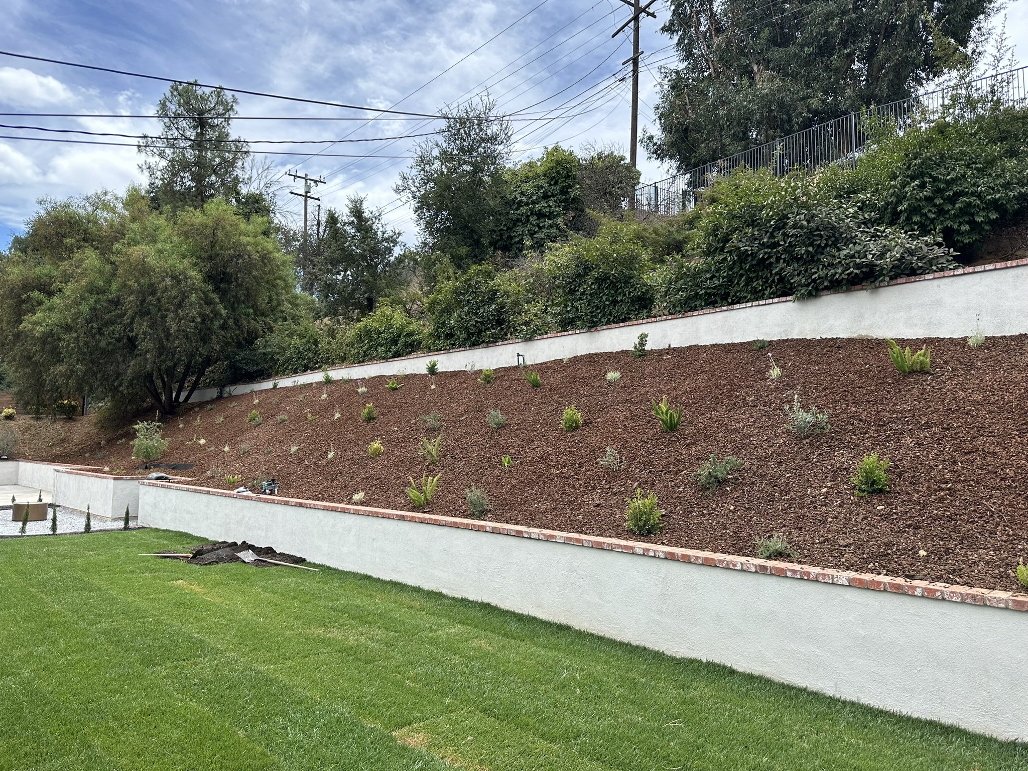 LANDSCAPING & LIGHTING | After — hillside planting with mulch, retaining-wall borders, and lawn below.