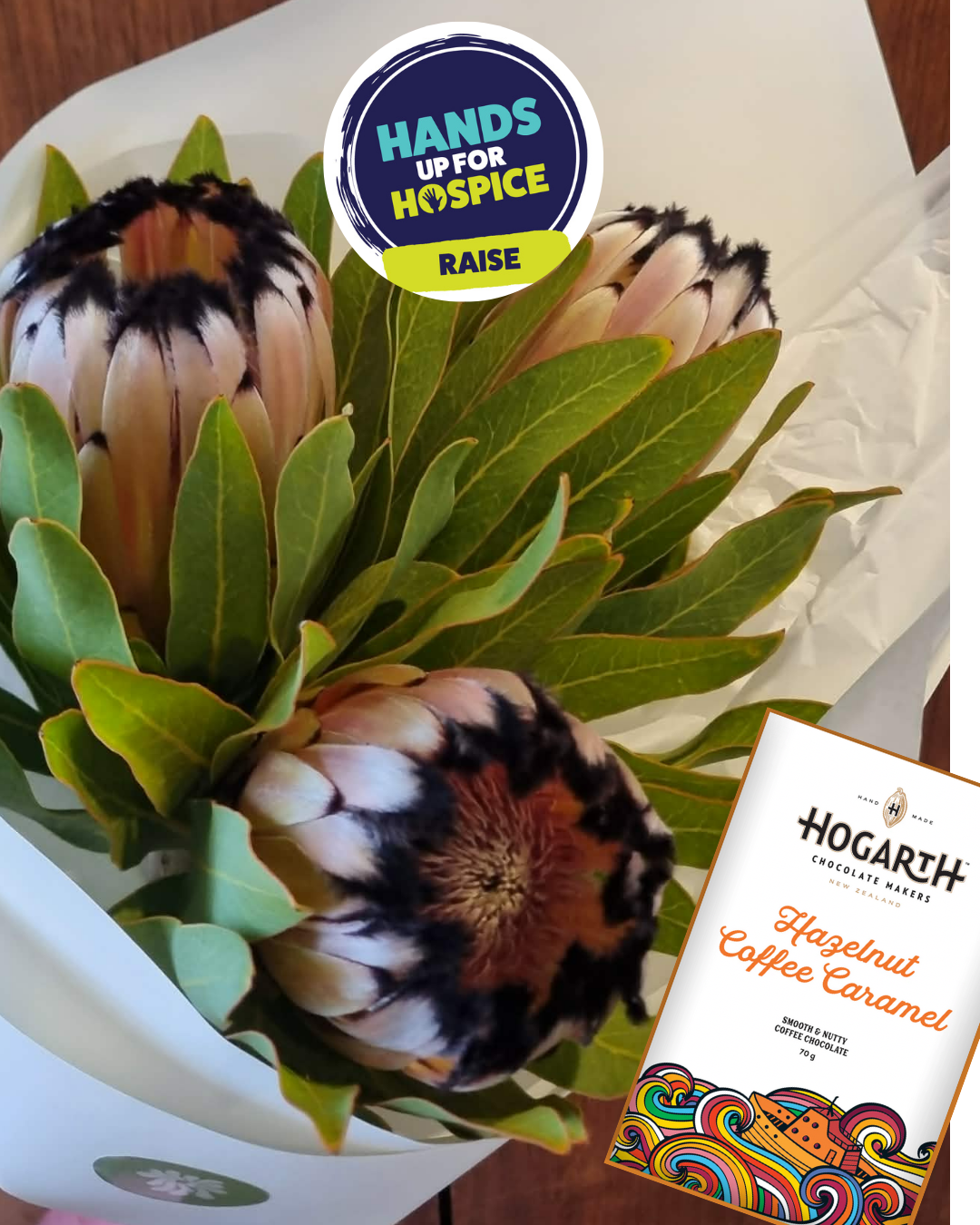 Protea trio with chocs- $10 goes to Nelson Tasman Hospice