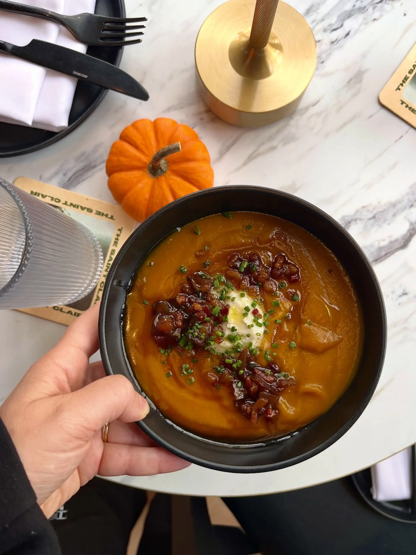 Cold days call for warm bowls. 🍂✨&thinsp;
&thinsp;
Our Honeynut Squash Soup with bacon &amp; honeycrisp apple jam and black-pepper maple mascarpone is fall comfort, refined. Find it on our lunch, brunch, and dinner menus. &thinsp;
&thinsp;
#fallfood