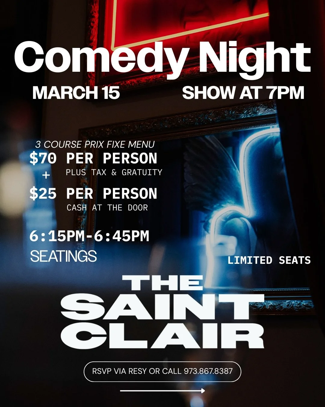 Ready for a night filled with laughter, delicious food, &amp; amazing people?

We present to you Comedy night!!🎭

March 15th
Show starts at 7pm
 - 3 Course Prix Fixe Menu
 - A phenomenal line up:
 @karenkrentscomedy 
  @vinceaugust 
  @jackie_byrne 