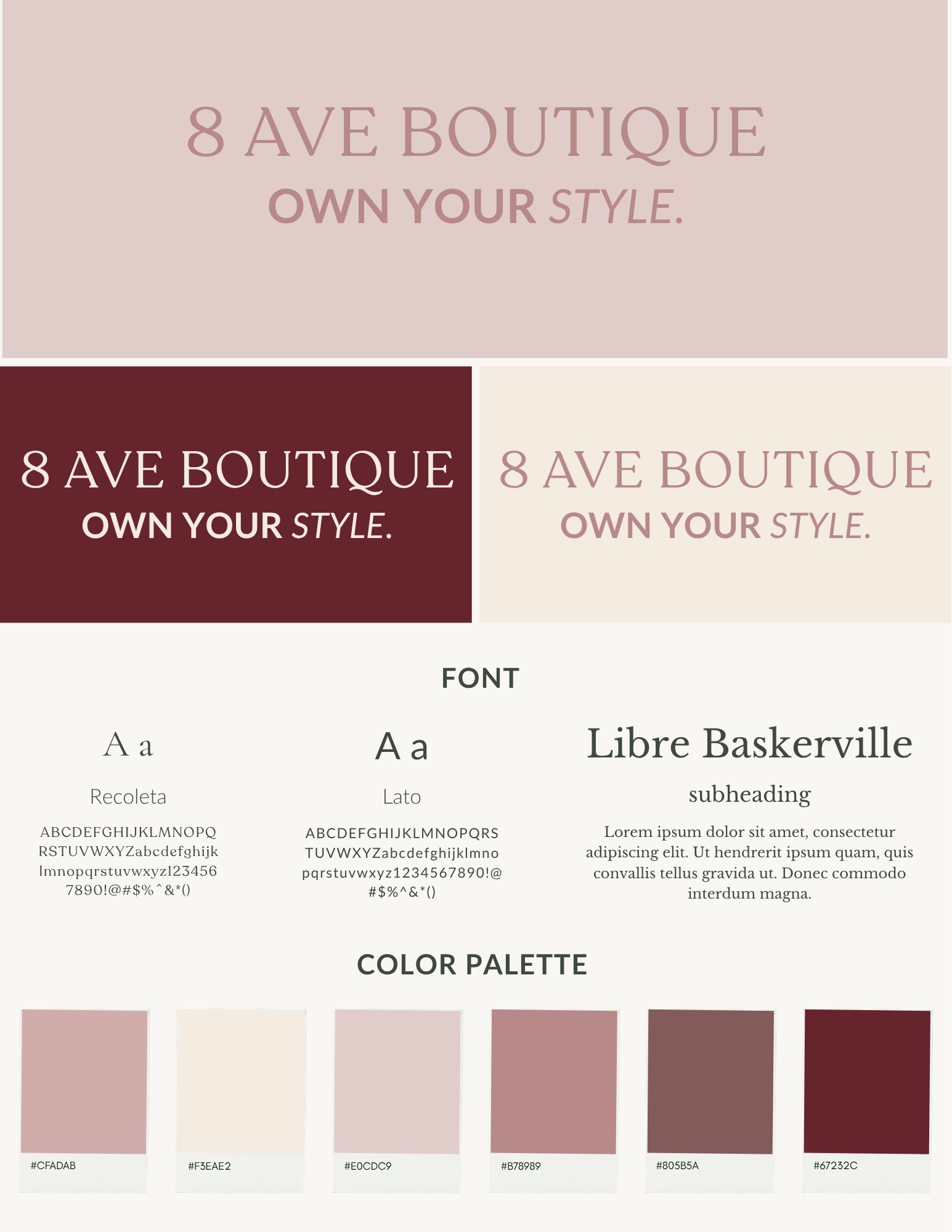 Branding style guide with color palettes, fonts, slogans, and palettes for 8 Ave Boutique.
