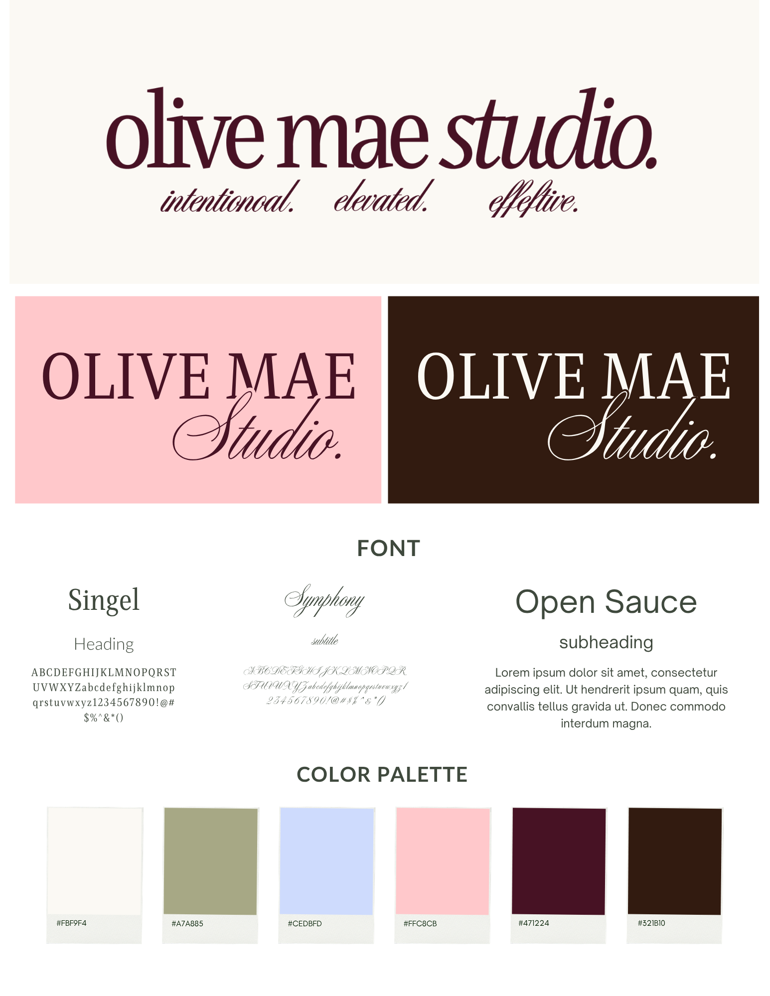 The image displays branding for 'olive mae studio' with a slogan 'intentional. elevated. effective.' in dark purple font. Below, there are color palette samples including pale cream, olive green, light blue, pink, dark maroon, and dark brown, each with corresponding hex codes.