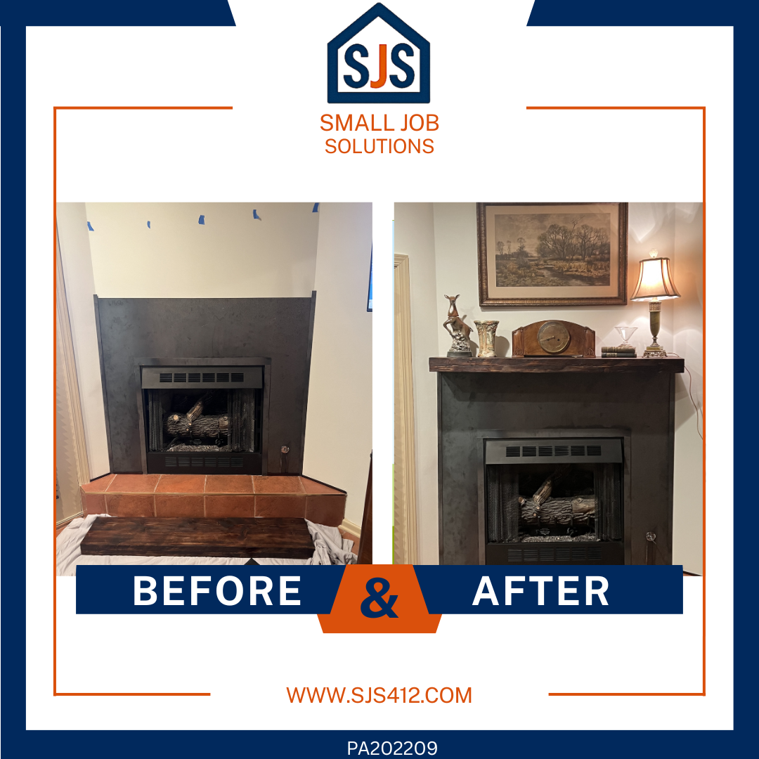 Before and after photos of a fireplace renovation, showing a fireplace with a brown tiled hearth in the before picture and a dark finish with a wooden mantel and decorative items in the after picture.