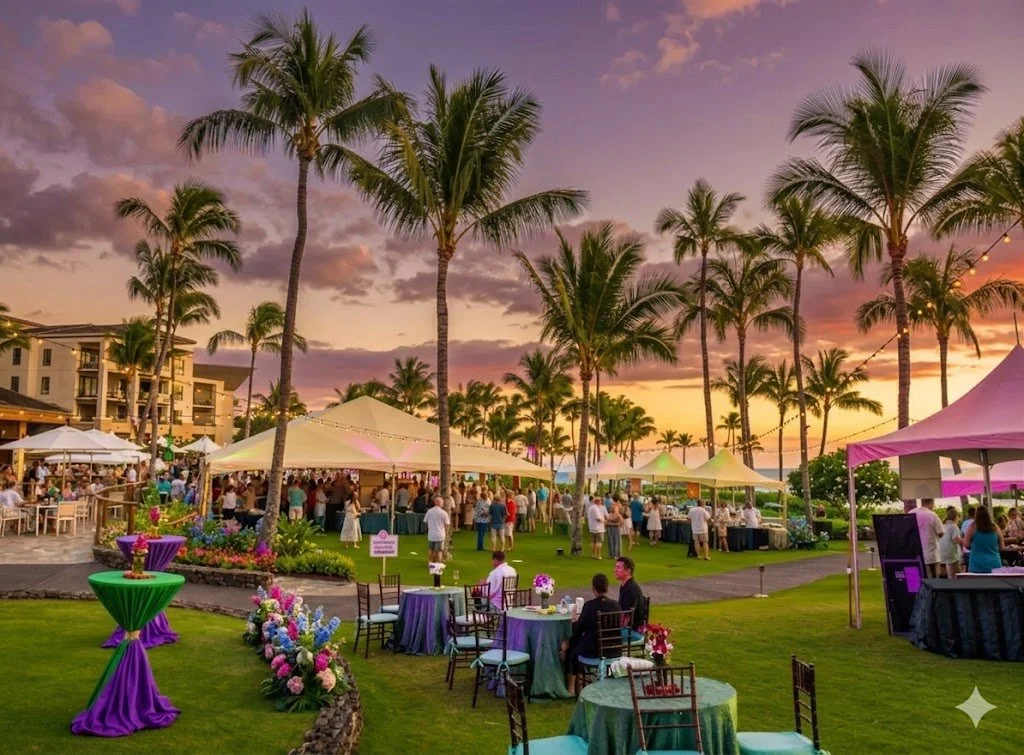 Guests enjoying the Kapalua Wine & Food Festival in Maui, tasting wines, and attending culinary seminars
