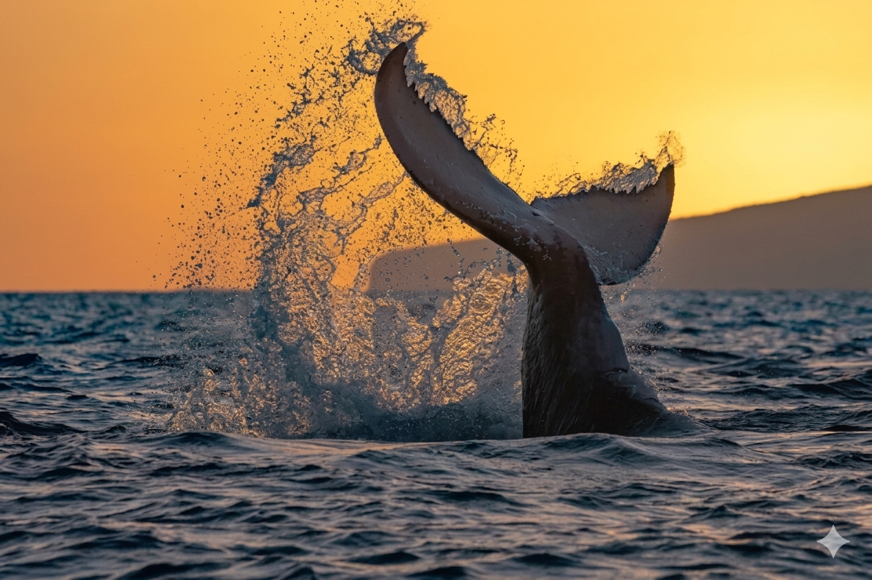 Humpback whale breaching in Maui waters during winter, with ocean and distant coastline visible