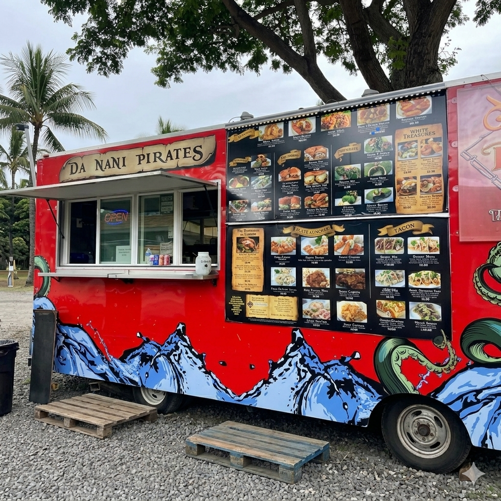 Crispy fish tacos from Da Nani Pirates food truck in Maui with fresh slaw and sauce