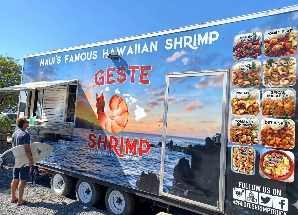Garlic shrimp plate from Geste Shrimp Truck in Kahului Maui with rice and local sides