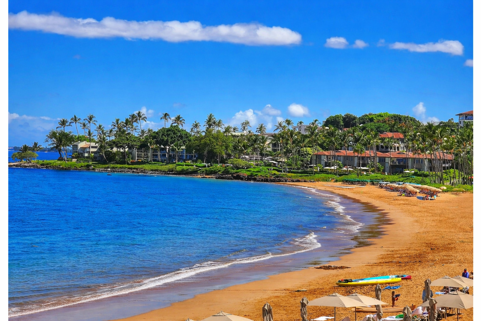 South Maui coastline with sandy beaches, palm trees, and clear blue waters