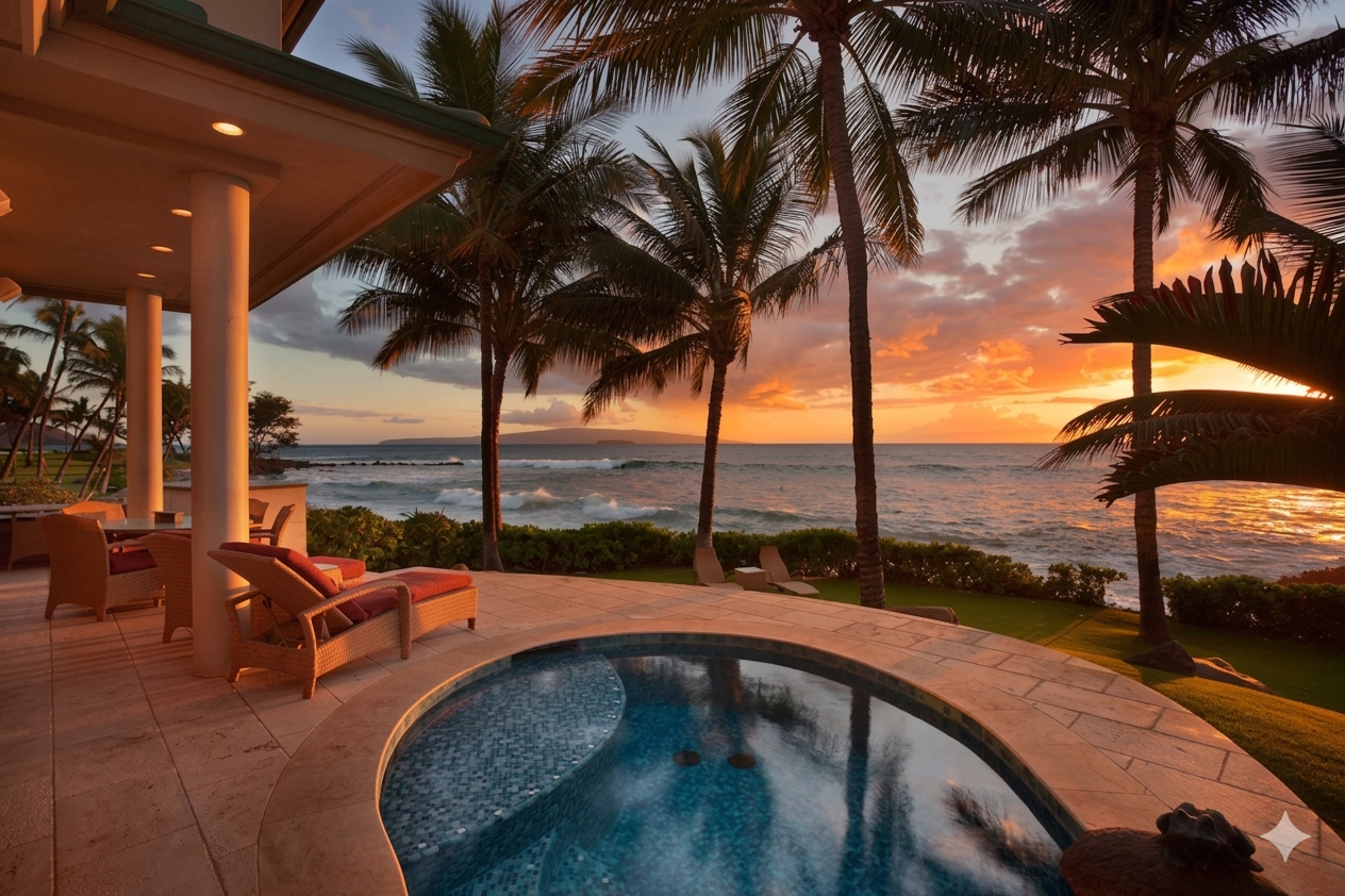 Luxury oceanfront home in Maui at sunset with panoramic coastal views